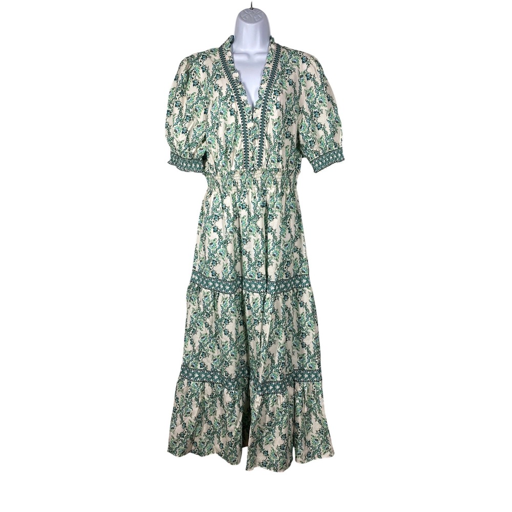 Max Studio London Dress Womens XL Green Floral Tiered Smocked 3904B60